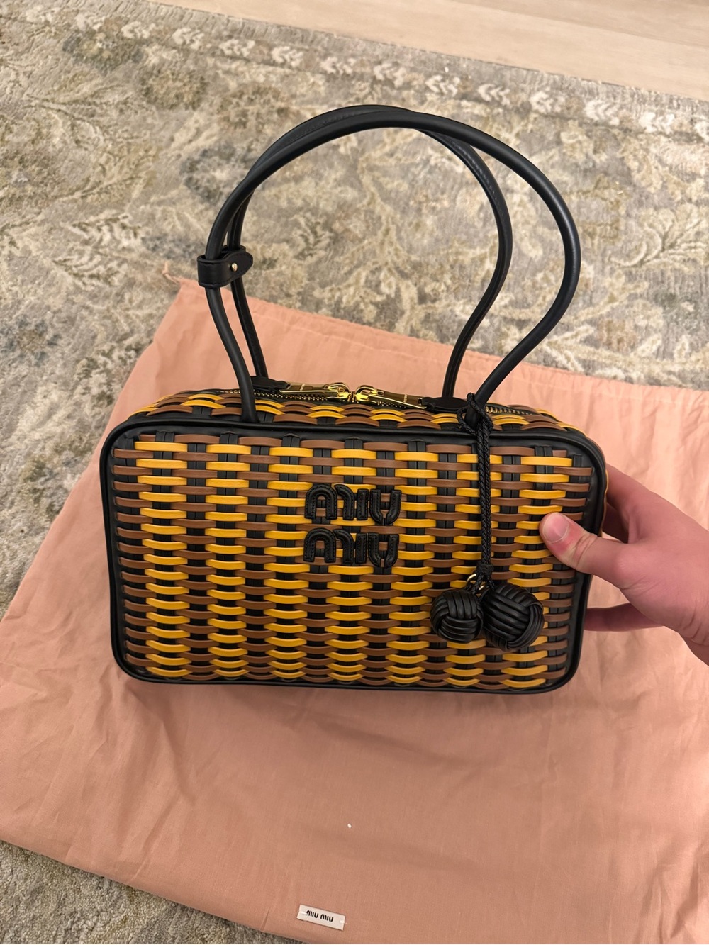 Miu Miu Yellow and Black Woven Top-Handle Mini Bag